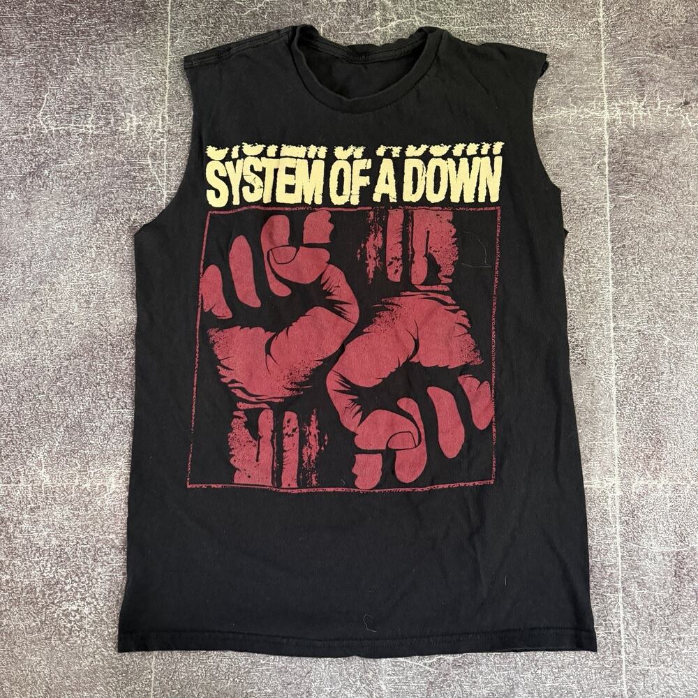 Men's System of A Down Fists Black Red Band Tour Cut Off Tank T Shirt Sz L